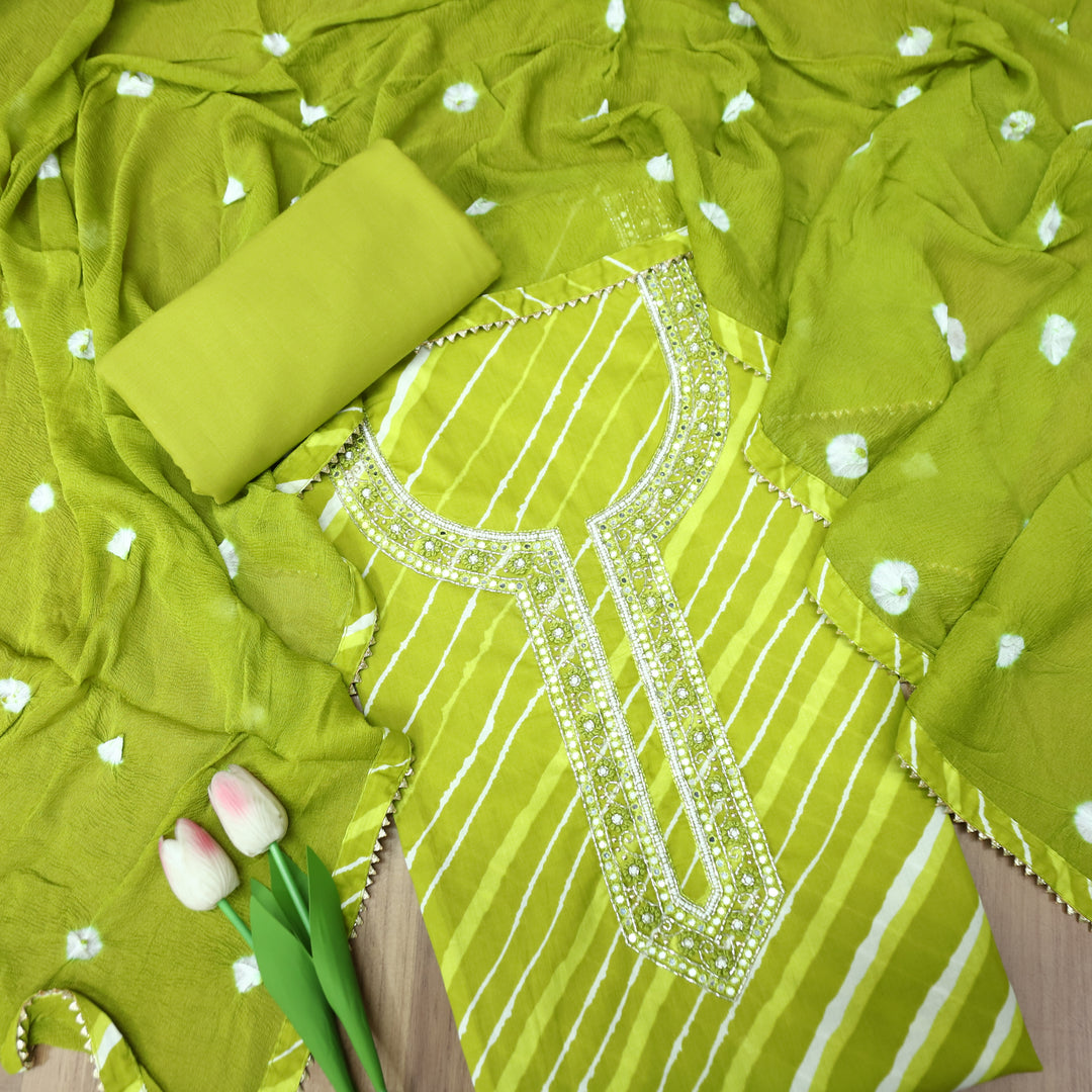Phoolvari Leaf Green Embellished Neckline Leheriya Cotton Set