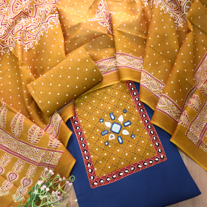 Rushna Blue with Yellow Polka Dot Mirror Work Yoke Cotton Set