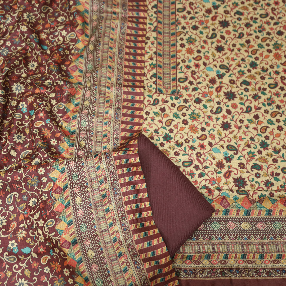 सुरभि Powder Brown All Over Kanni Floral Printed Semi Pashmina Winter Set