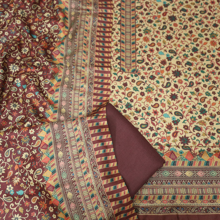 सुरभि Powder Brown All Over Kanni Floral Printed Semi Pashmina Winter Set