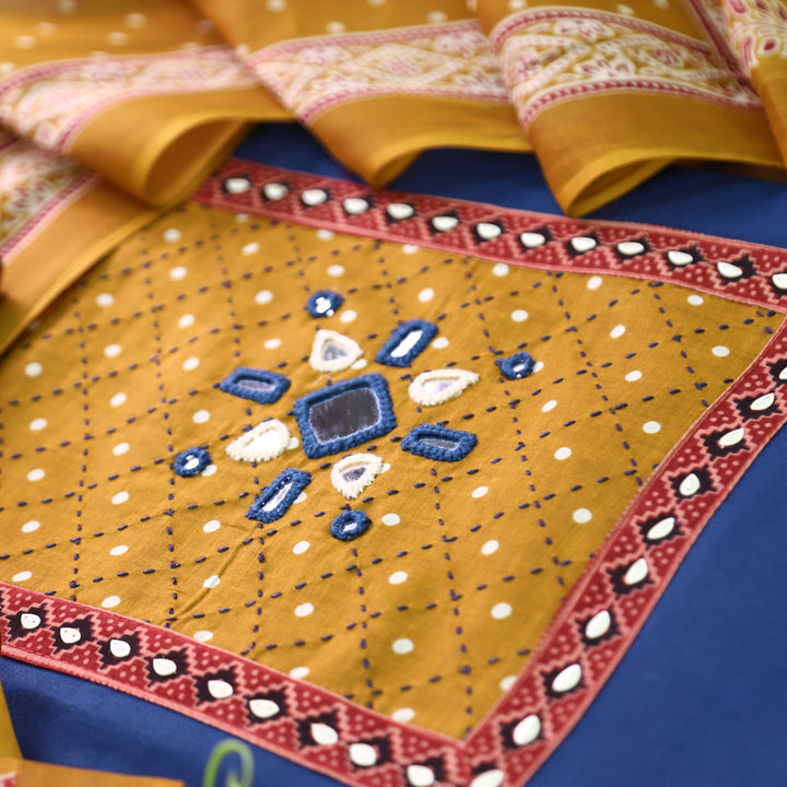 Rushna Blue with Yellow Polka Dot Mirror Work Yoke Cotton Set