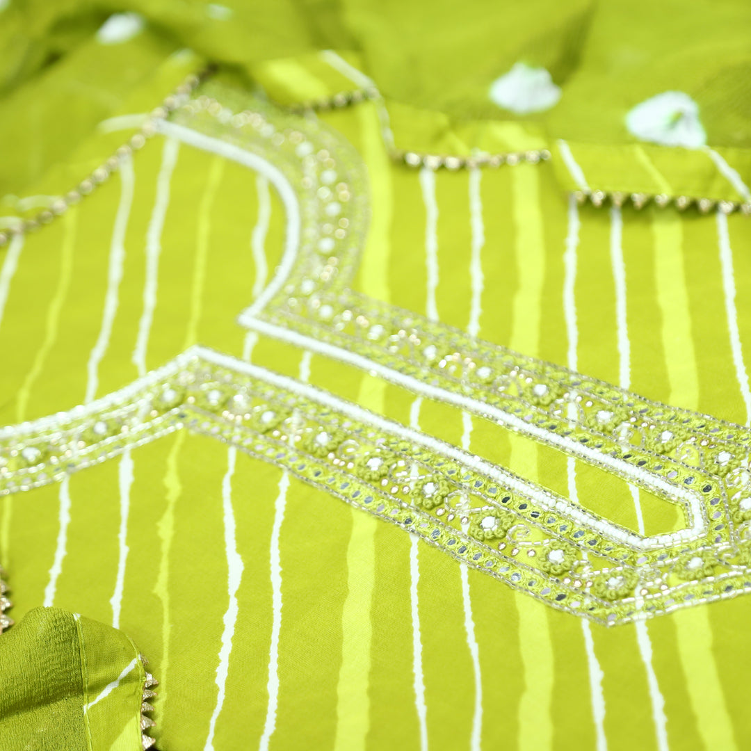 Phoolvari Leaf Green Embellished Neckline Leheriya Cotton Set