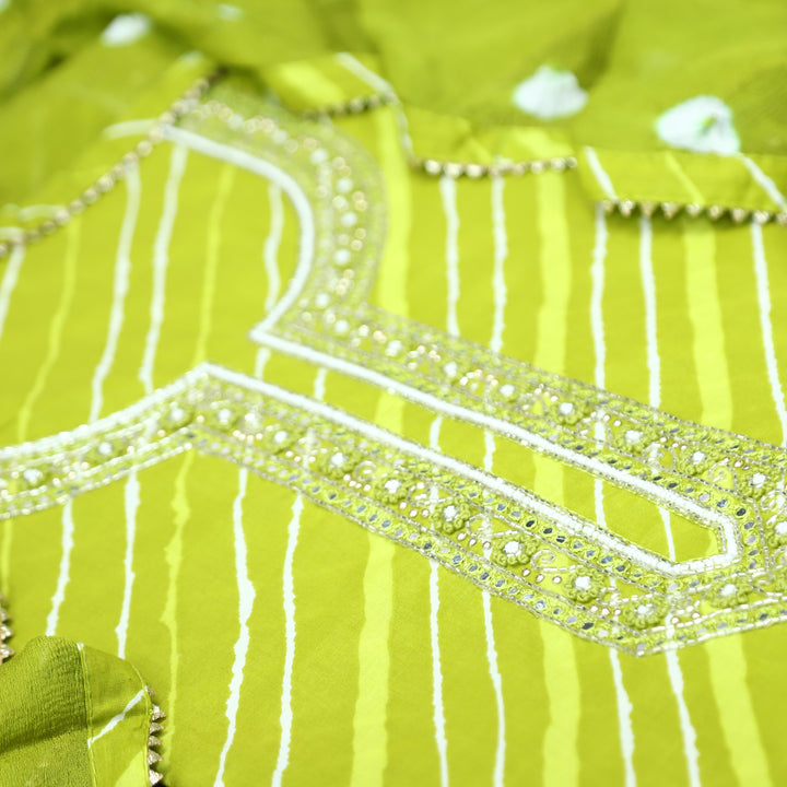 Phoolvari Leaf Green Embellished Neckline Leheriya Cotton Set