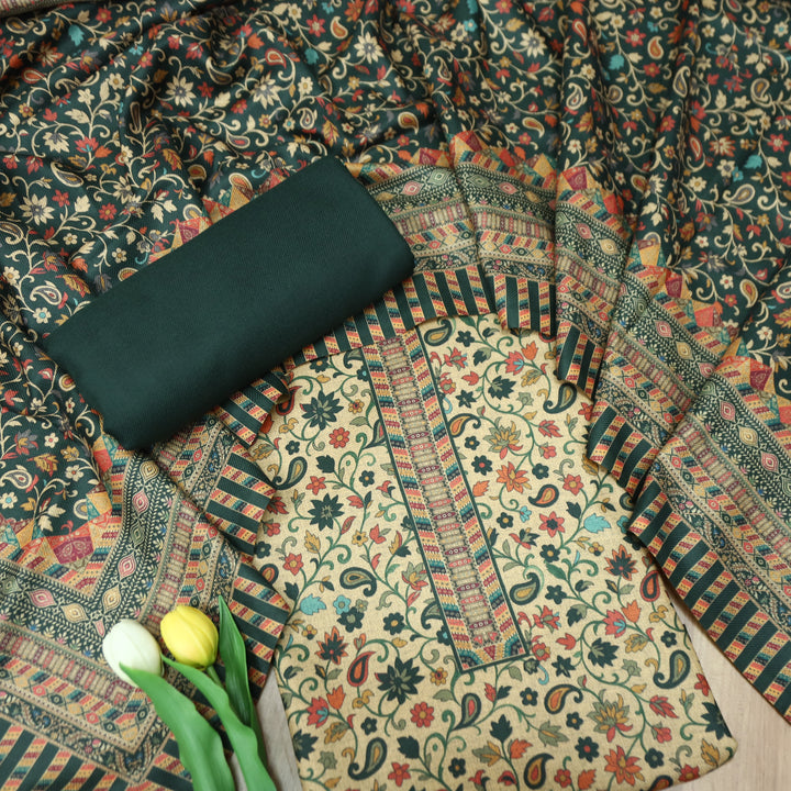सुरभि Dark Green All Over Kanni Floral Printed Semi Pashmina Winter Set