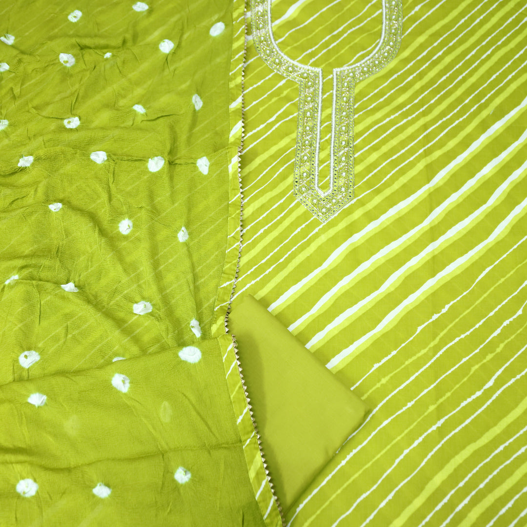 Phoolvari Leaf Green Embellished Neckline Leheriya Cotton Set