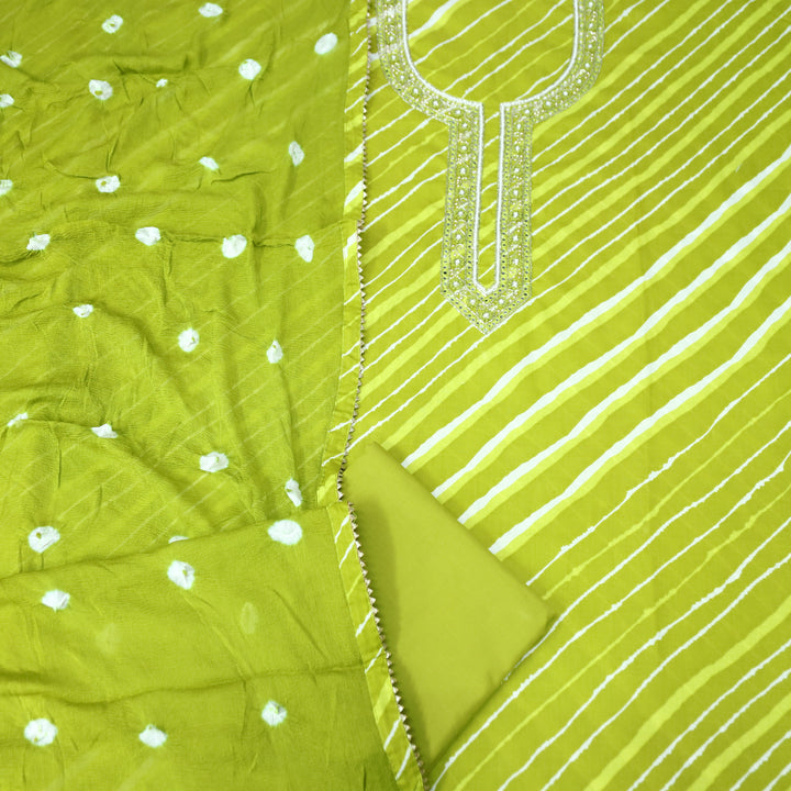 Phoolvari Leaf Green Embellished Neckline Leheriya Cotton Set