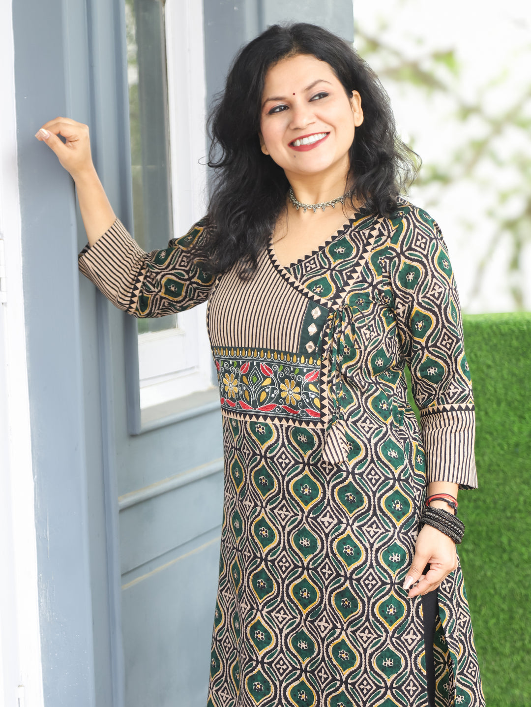 Ridhima Sacramento Green Embroidery Angrakha Yoke with Knot Ajrak Print Cotton Kurti