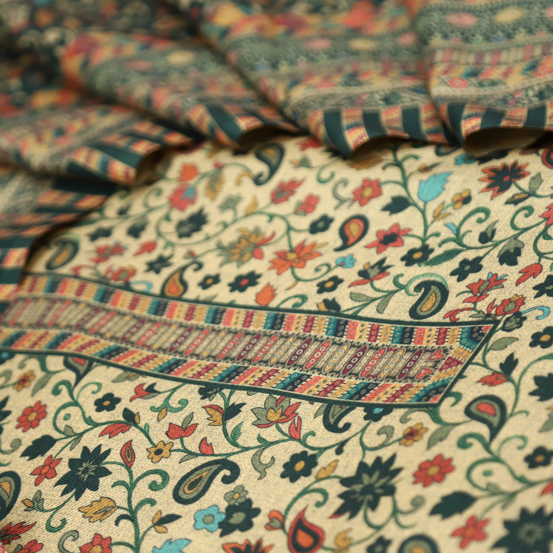 सुरभि Dark Green All Over Kanni Floral Printed Semi Pashmina Winter Set