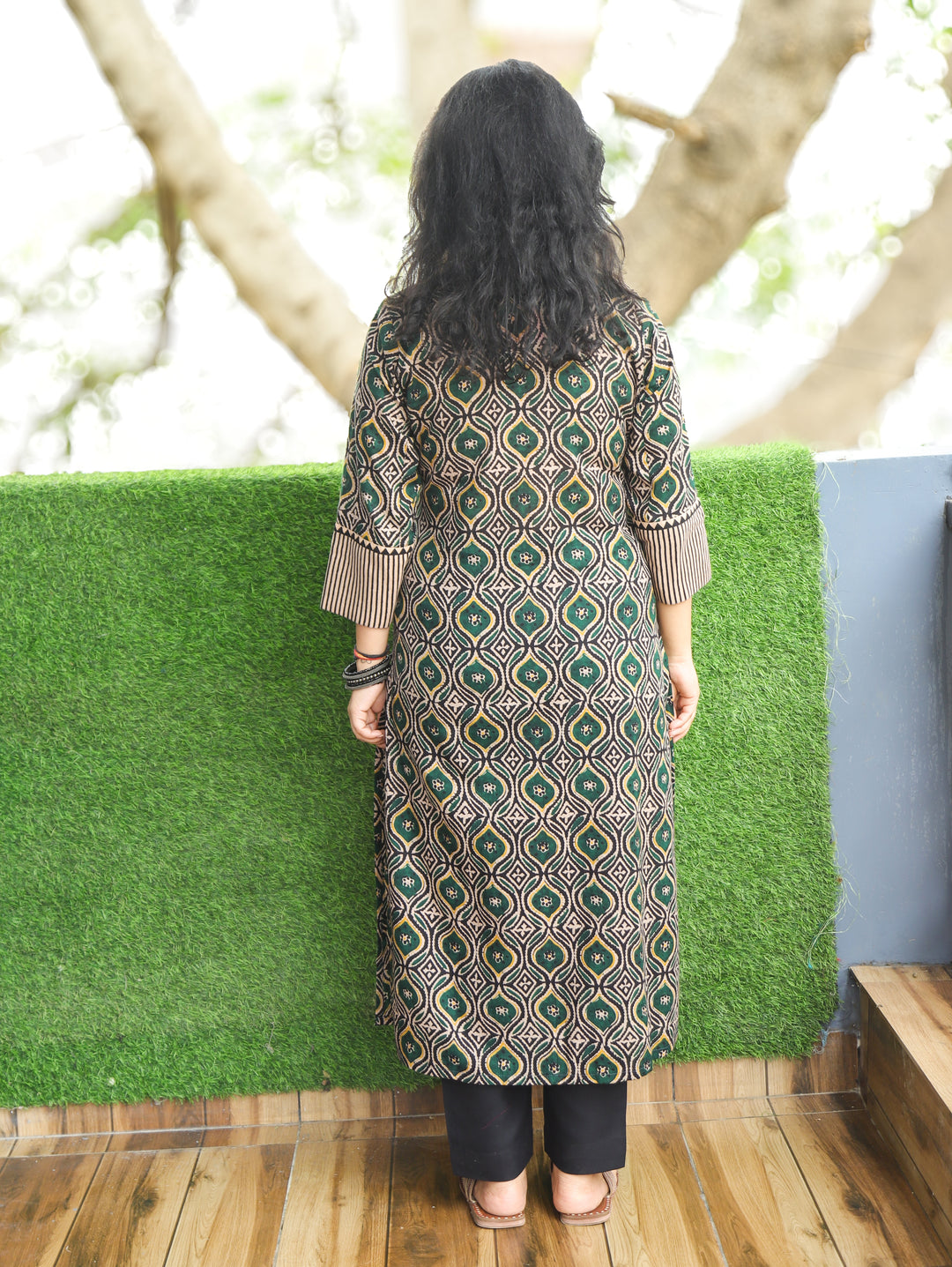 Ridhima Sacramento Green Embroidery Angrakha Yoke with Knot Ajrak Print Cotton Kurti