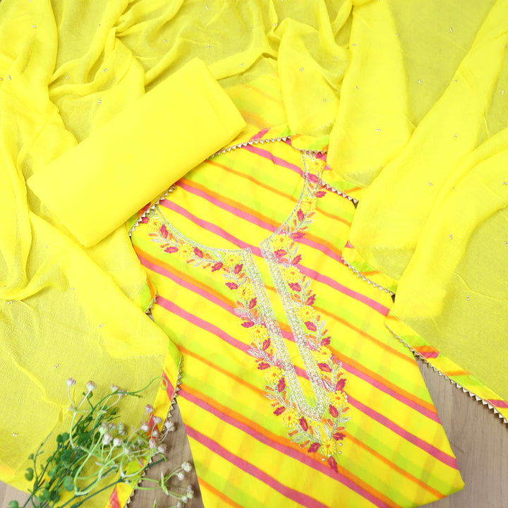 Phoolvari Corn Yellow Embellished Neckline Leheriya Cotton Set