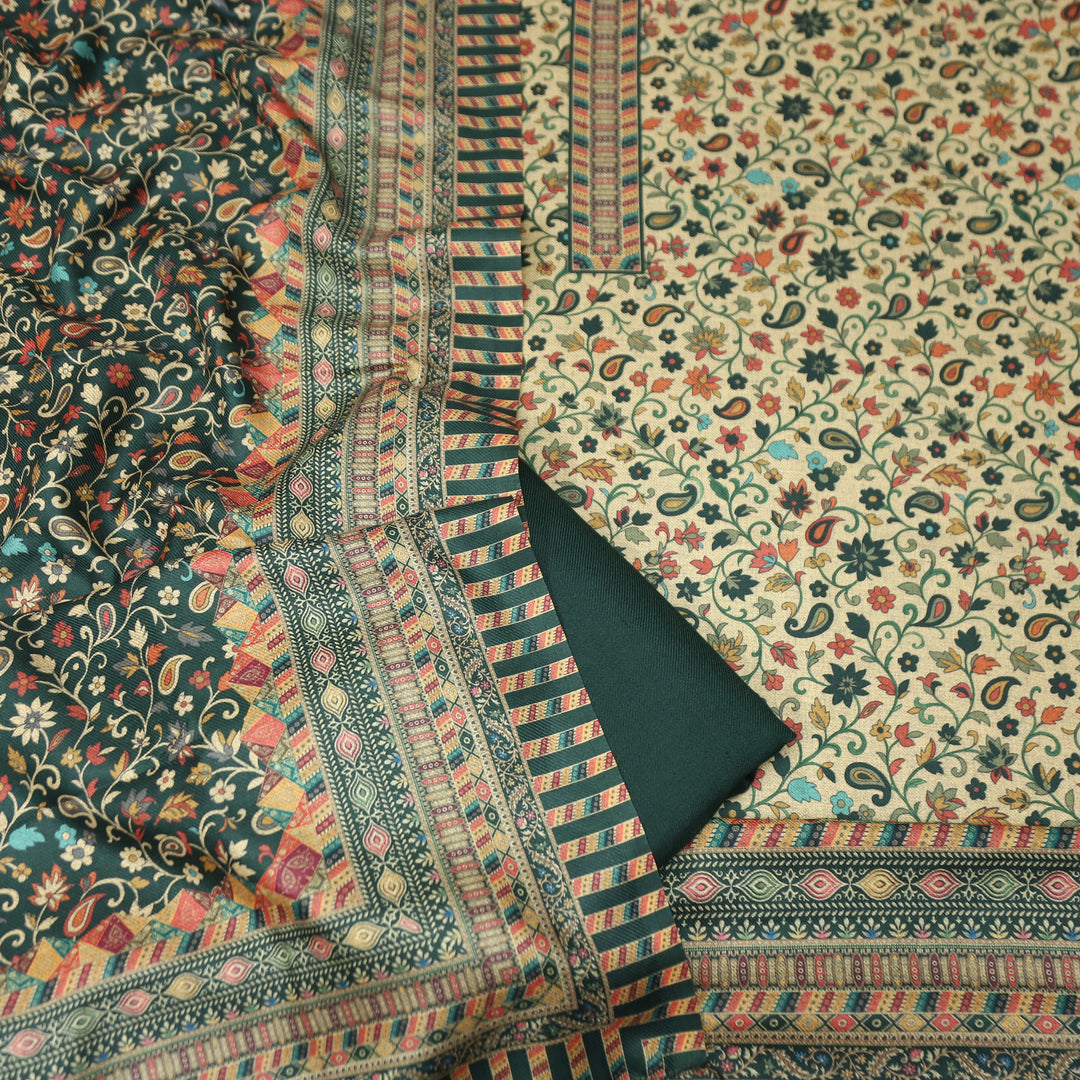 सुरभि Dark Green All Over Kanni Floral Printed Semi Pashmina Winter Set