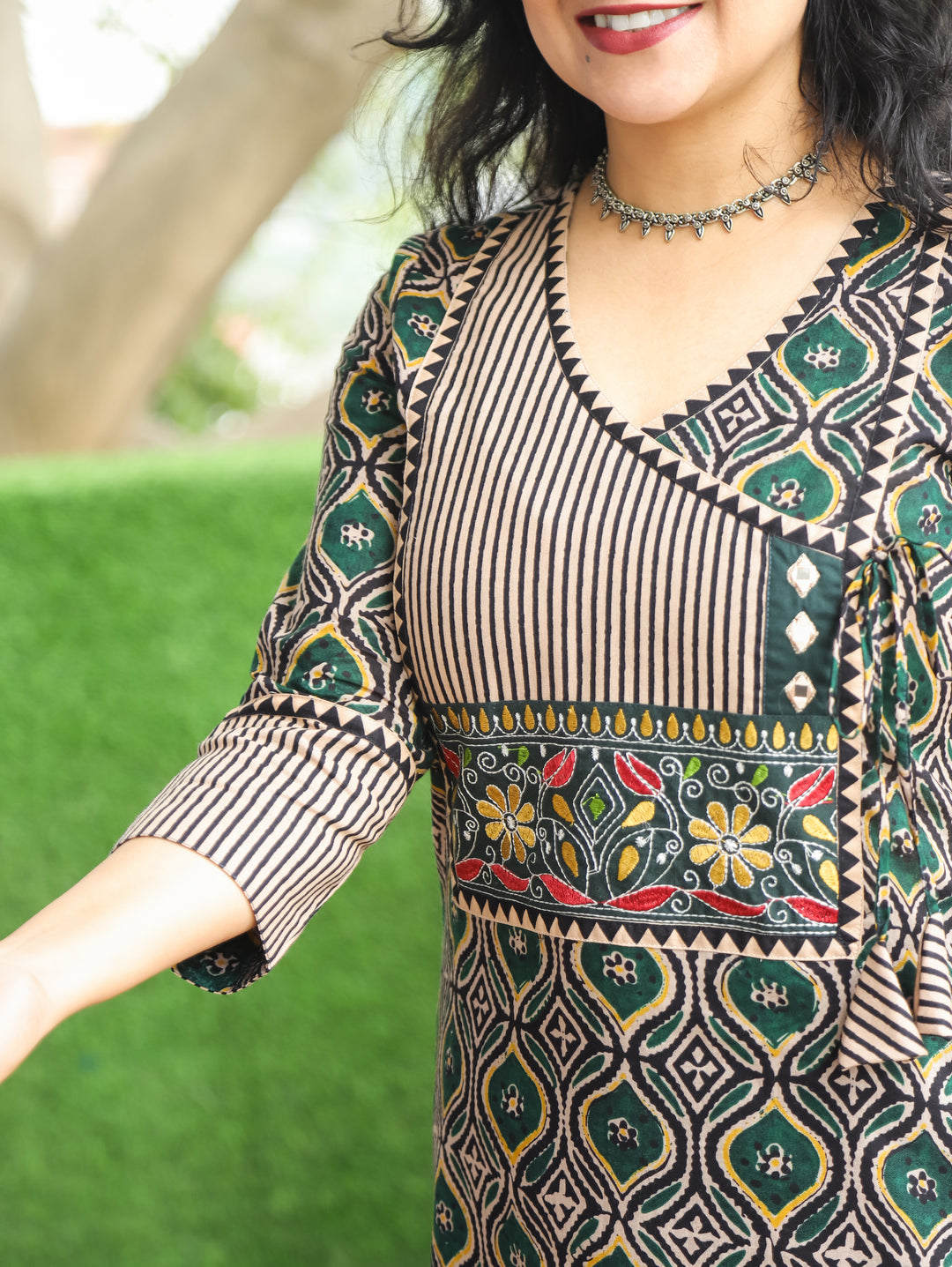 Ridhima Sacramento Green Embroidery Angrakha Yoke with Knot Ajrak Print Cotton Kurti