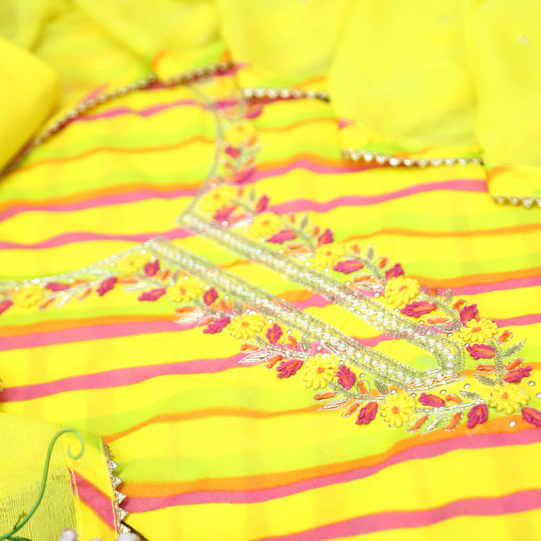 Phoolvari Corn Yellow Embellished Neckline Leheriya Cotton Set