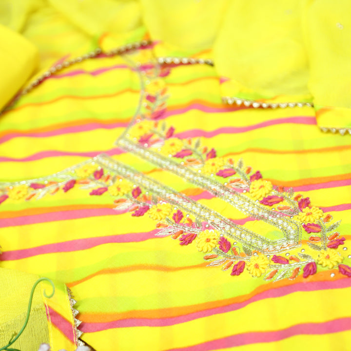 Phoolvari Corn Yellow Embellished Neckline Leheriya Cotton Set