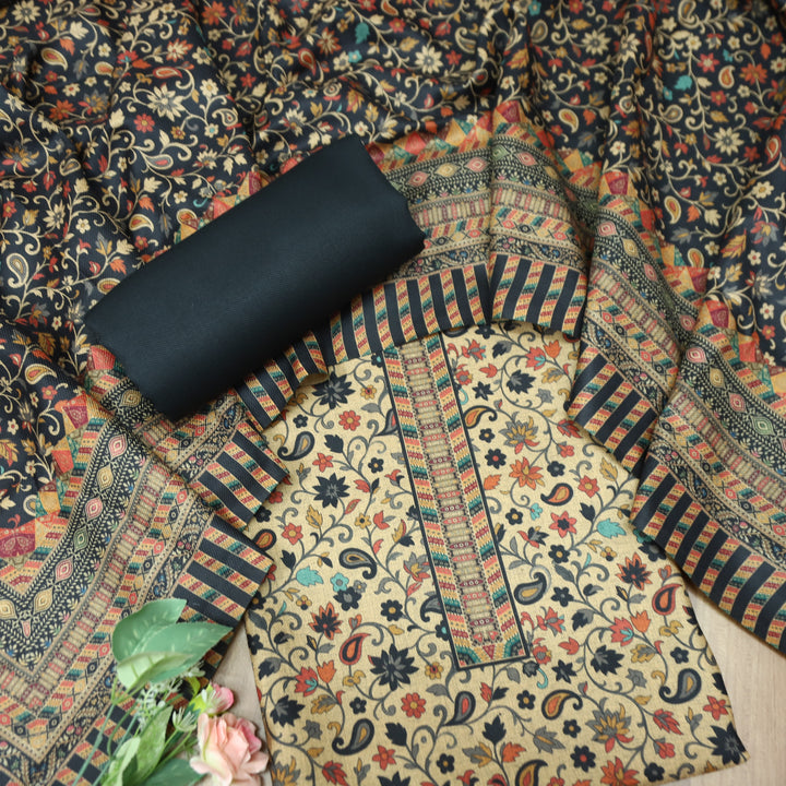 सुरभि Midnight Black All Over Kanni Floral Printed Semi Pashmina Winter Set