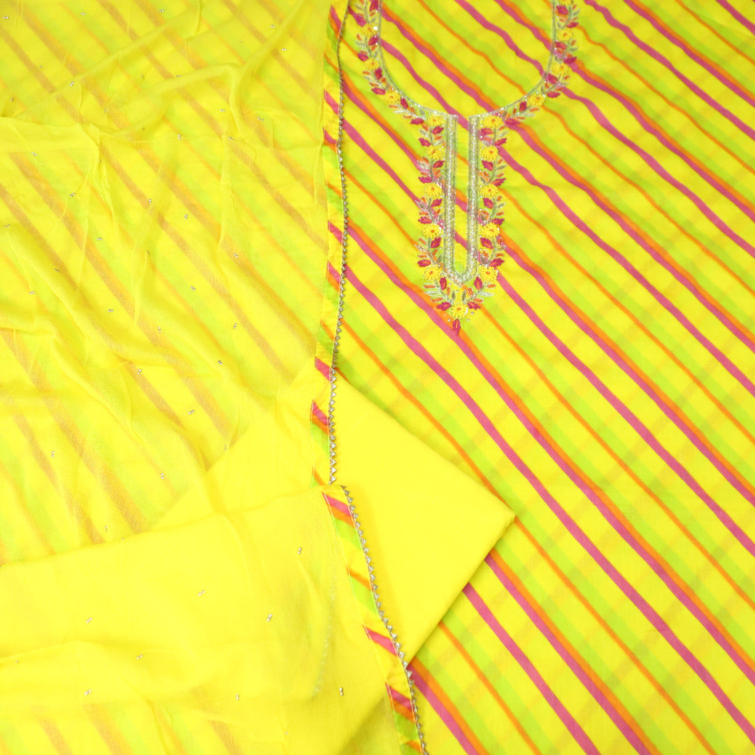 Phoolvari Corn Yellow Embellished Neckline Leheriya Cotton Set