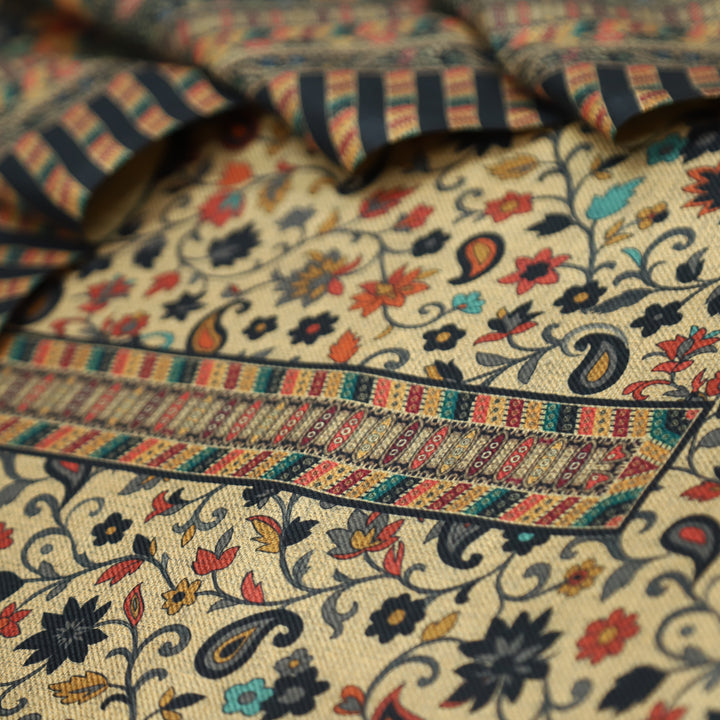 सुरभि Midnight Black All Over Kanni Floral Printed Semi Pashmina Winter Set