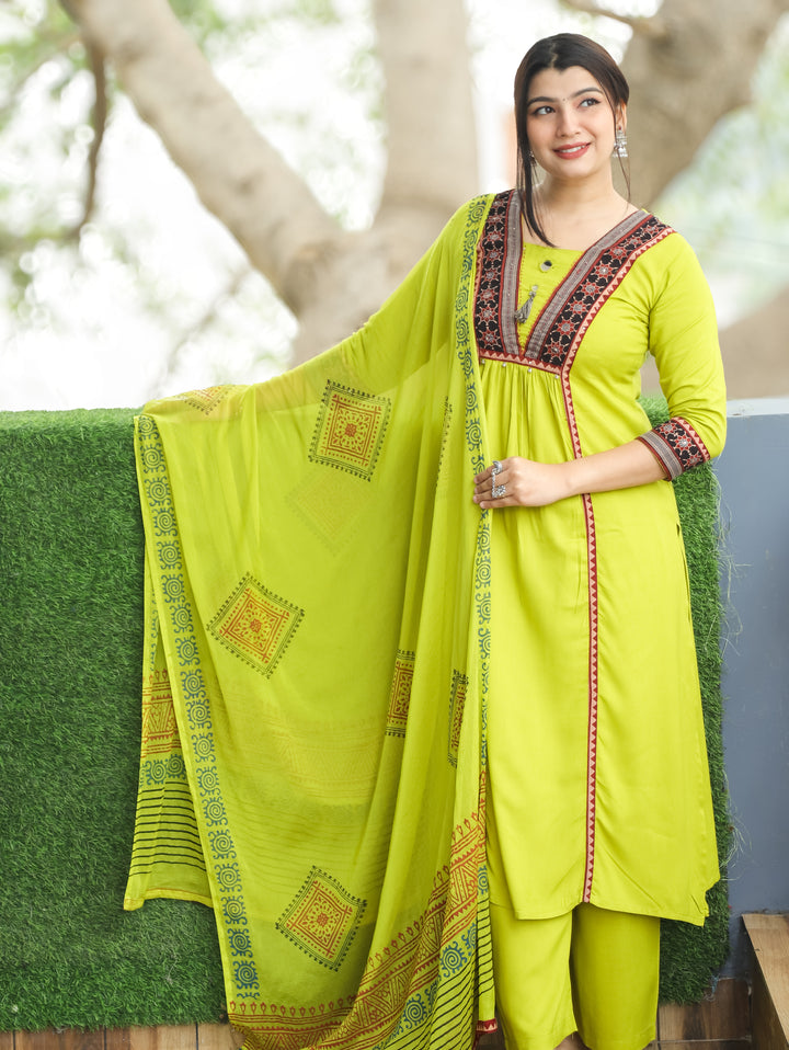 Madhurima Neon Mint Mirror Work with Front Gathered Panel Style Cotton 3 Piece Set