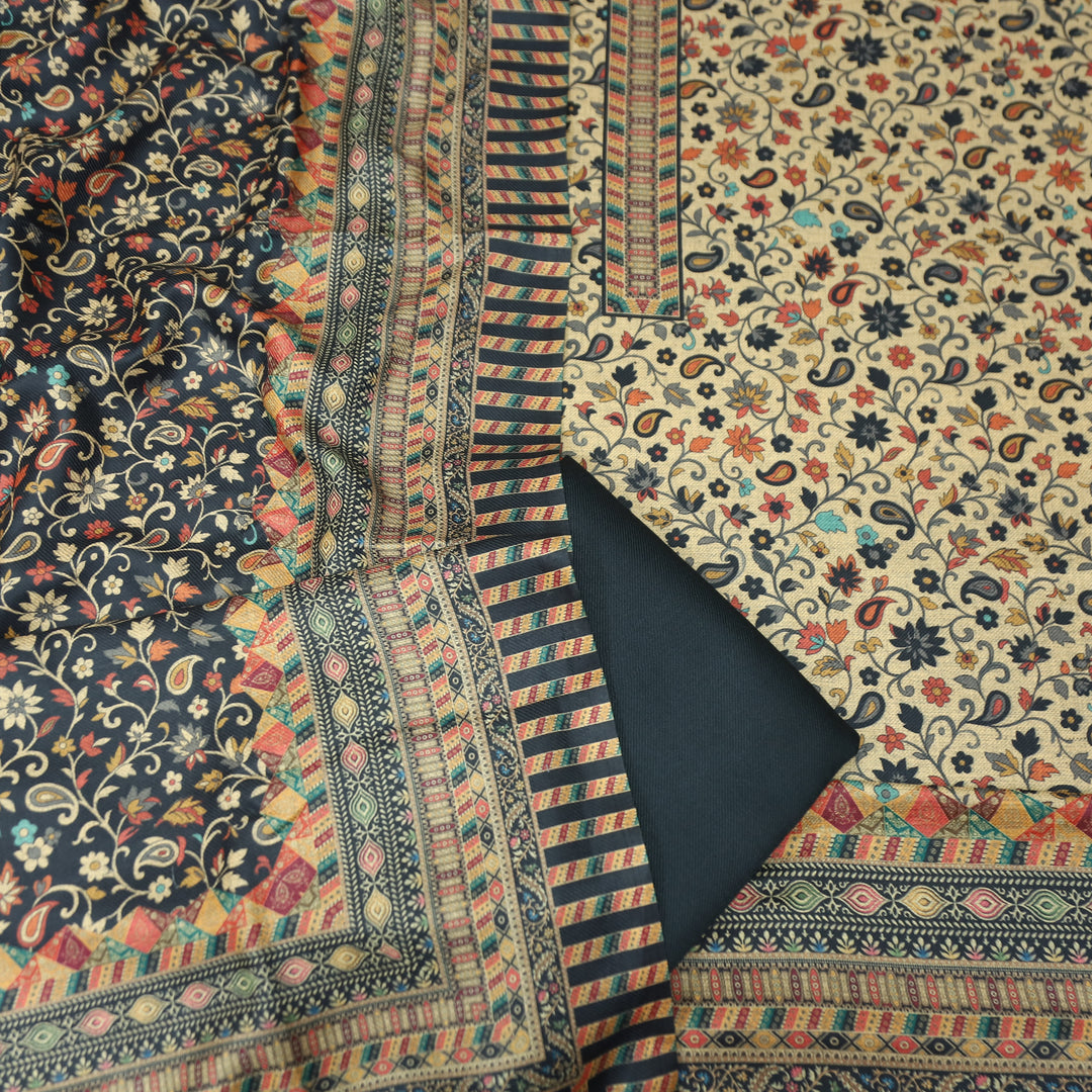 सुरभि Midnight Black All Over Kanni Floral Printed Semi Pashmina Winter Set