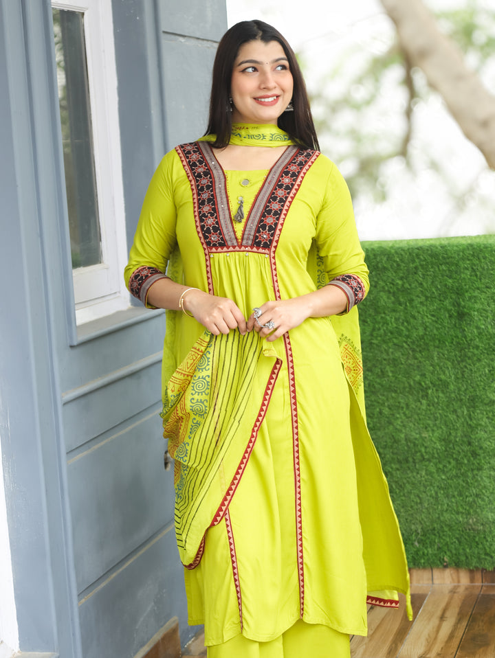 Madhurima Neon Mint Mirror Work with Front Gathered Panel Style Cotton 3 Piece Set