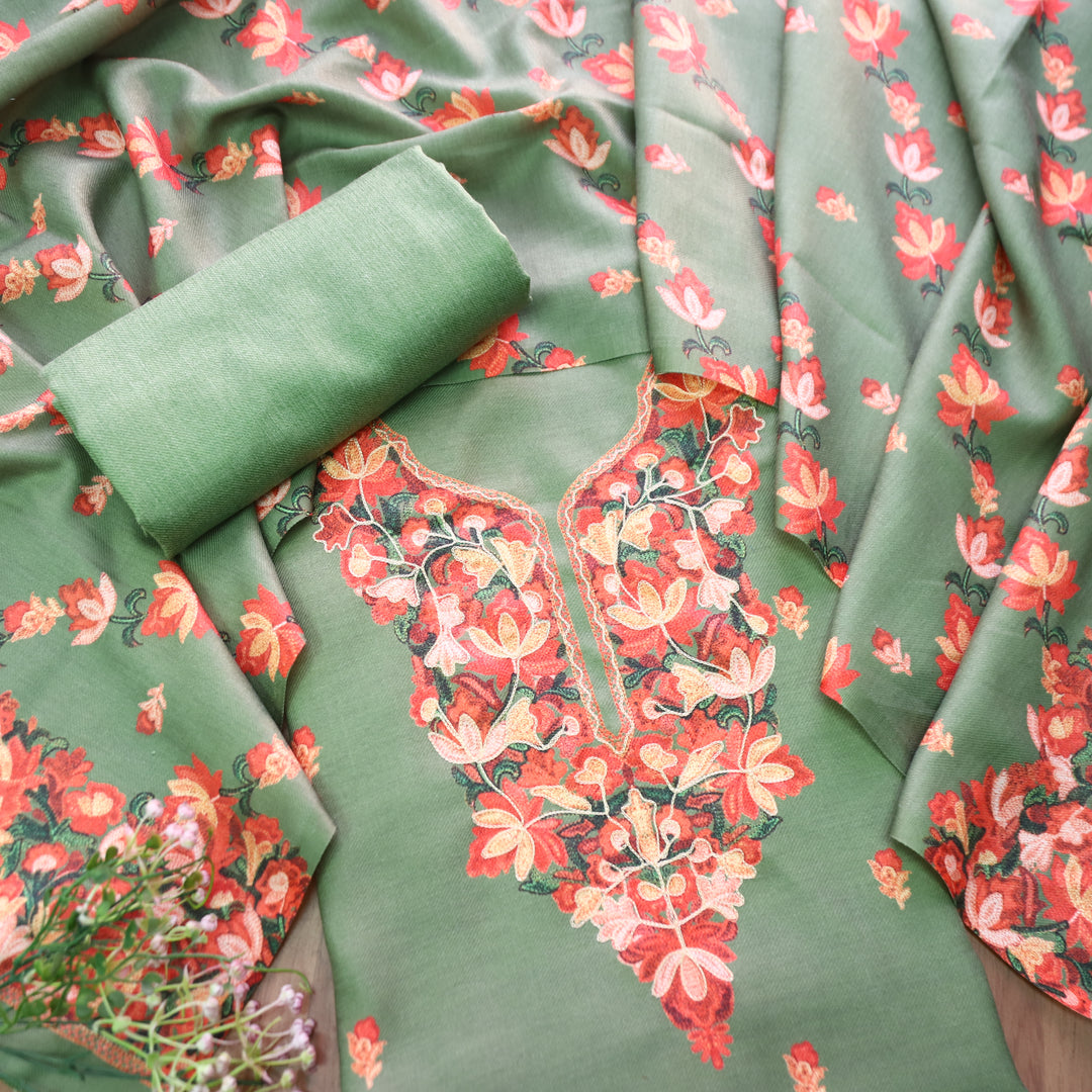 तमन्ना Sage Green Balanced By Floral Printed and Aari Work Semi Pashmina Winter Set