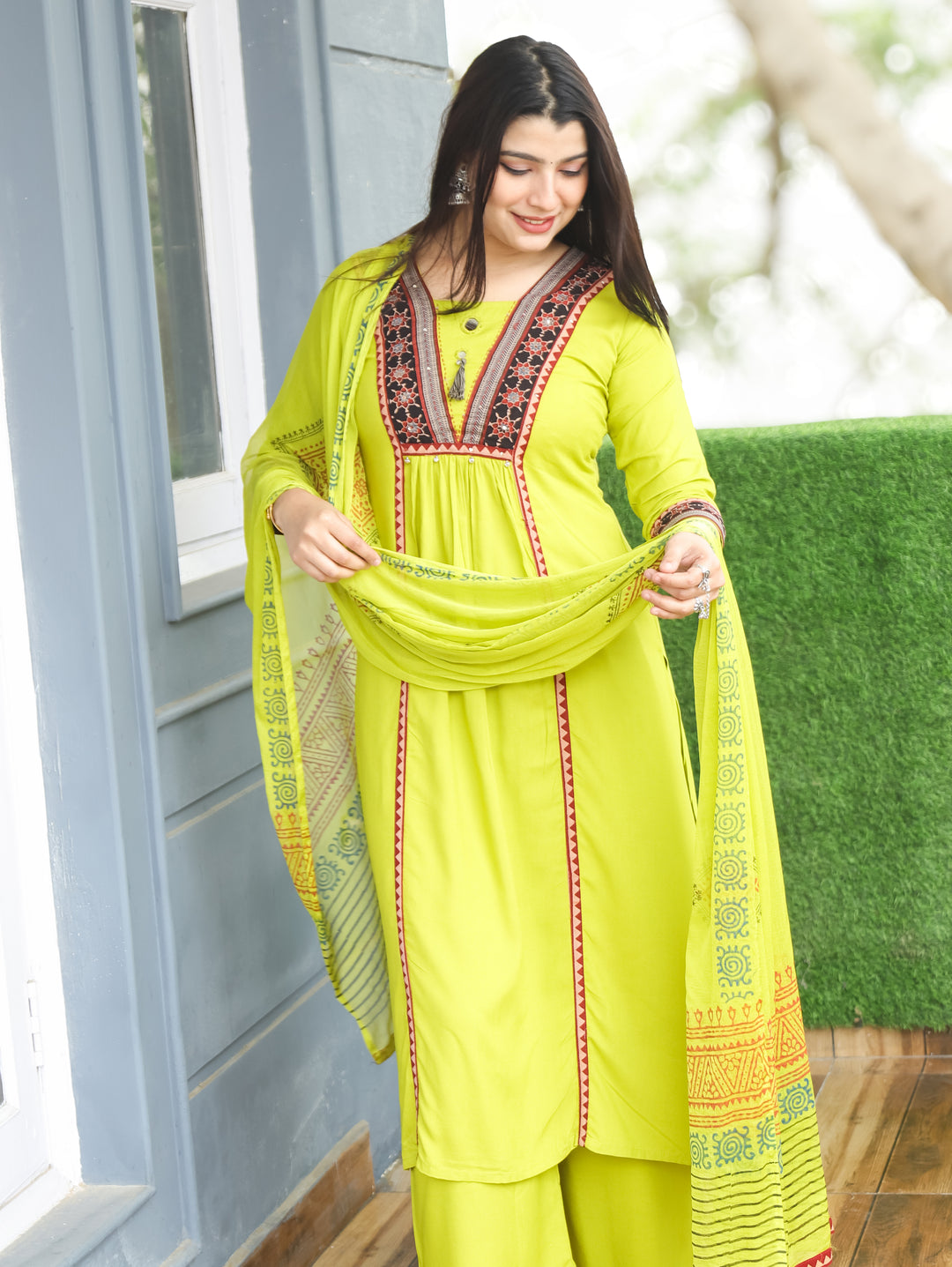 Madhurima Neon Mint Mirror Work with Front Gathered Panel Style Cotton 3 Piece Set
