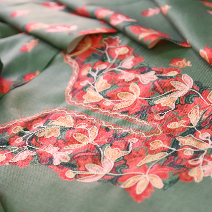 तमन्ना Sage Green Balanced By Floral Printed and Aari Work Semi Pashmina Winter Set