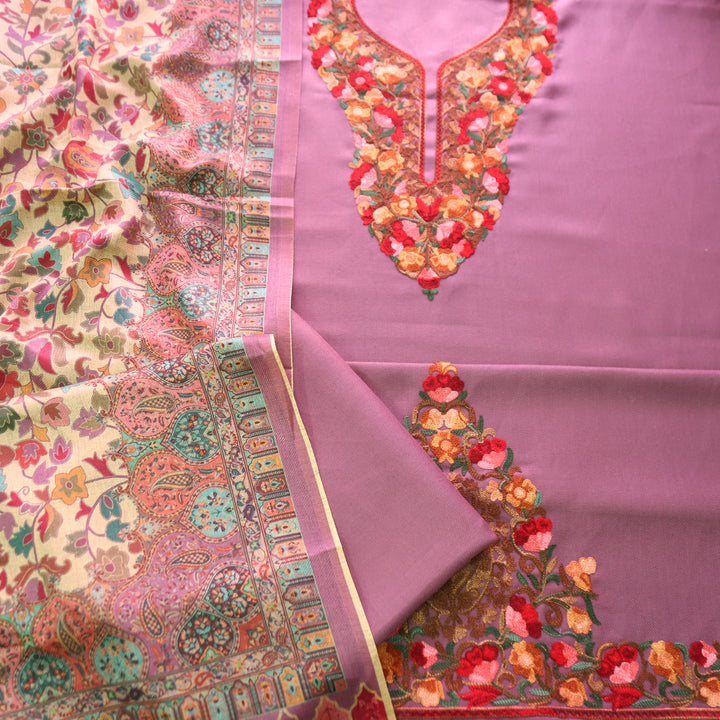 रूपसिद्धि Petal Lilac Aari Style Thread Embroidery Work Semi Pashmina Winter Set