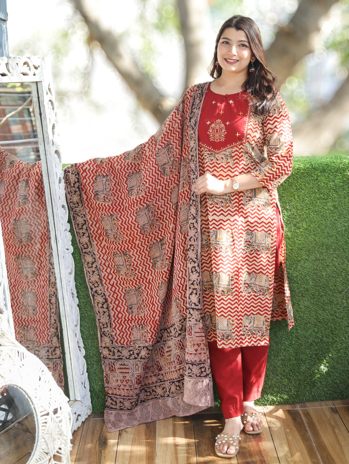 Nancy Berry Red Kalamkari Cotton 3 PIece Set