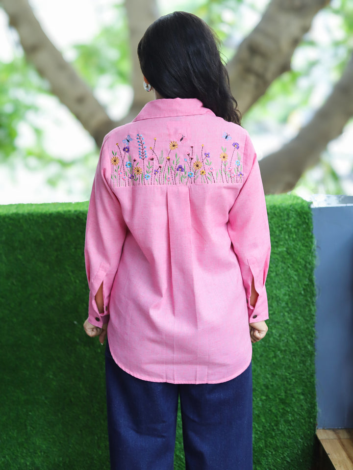 Barsha Pink Embroidered Wood Button Linen Shirt
