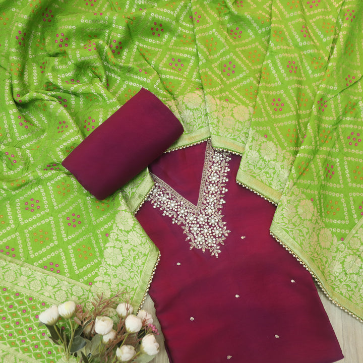 Mohataaz Wine Purple V Embellished Neck Work Dola Silk Suit Set