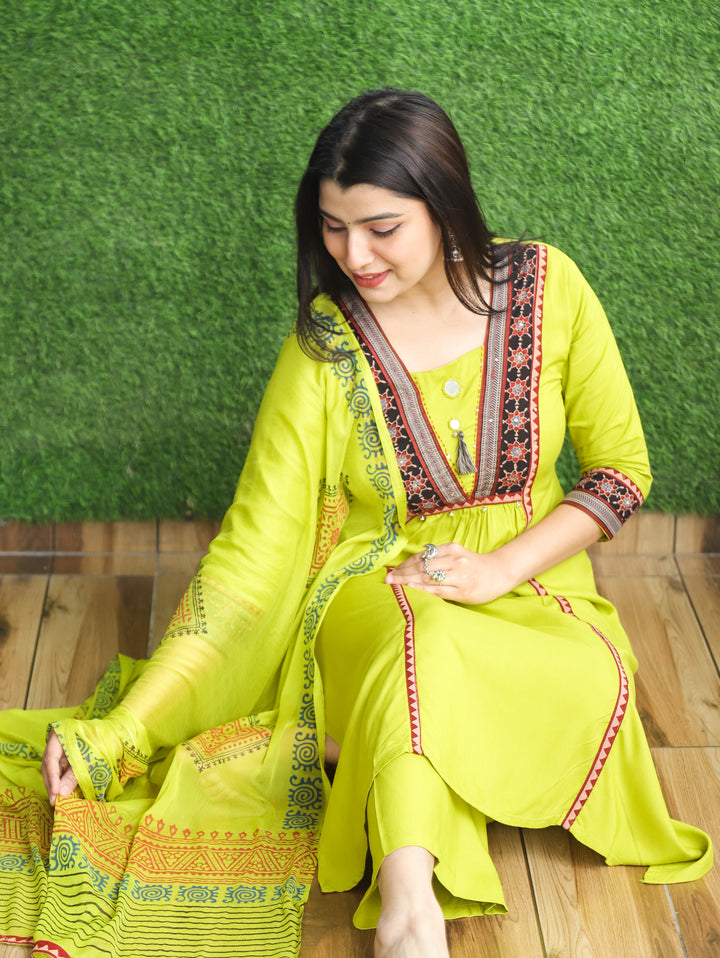 Madhurima Neon Mint Mirror Work with Front Gathered Panel Style Cotton 3 Piece Set