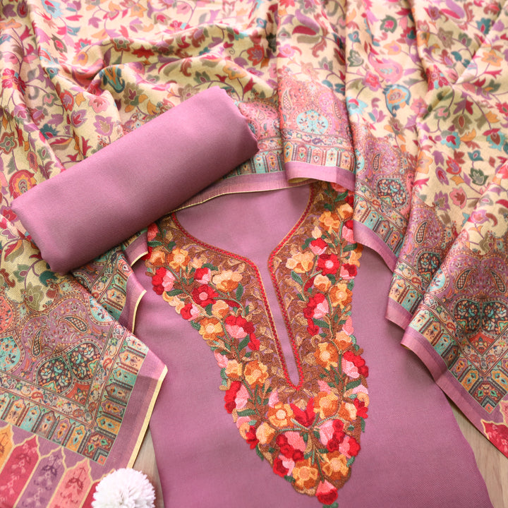 रूपसिद्धि Petal Lilac Aari Style Thread Embroidery Work Semi Pashmina Winter Set