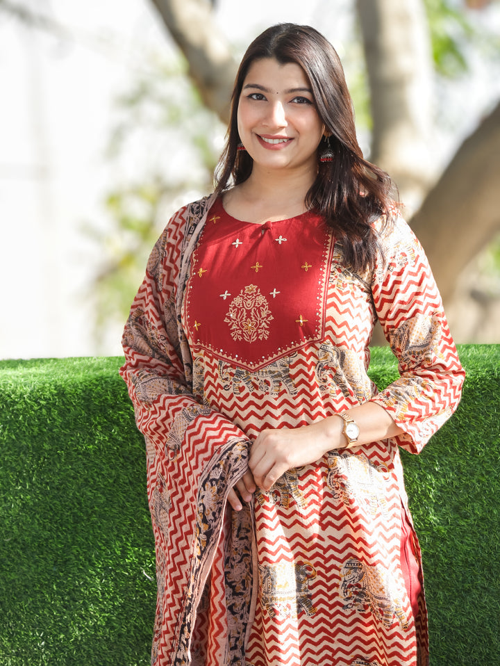 Nancy Berry Red Kalamkari Cotton 3 PIece Set