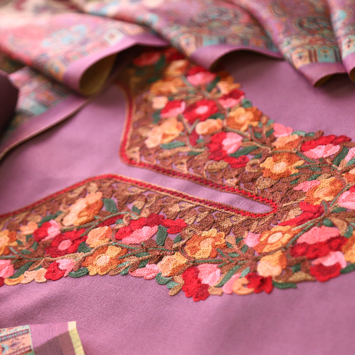 रूपसिद्धि Petal Lilac Aari Style Thread Embroidery Work Semi Pashmina Winter Set
