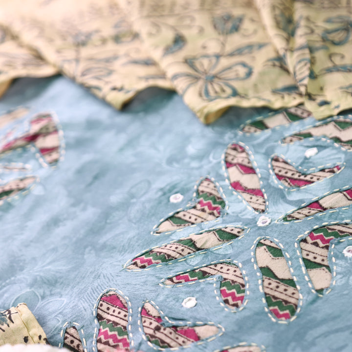 Bulbul Iced Blue Kalamkari Applique Work Jam Satin Cotton Set