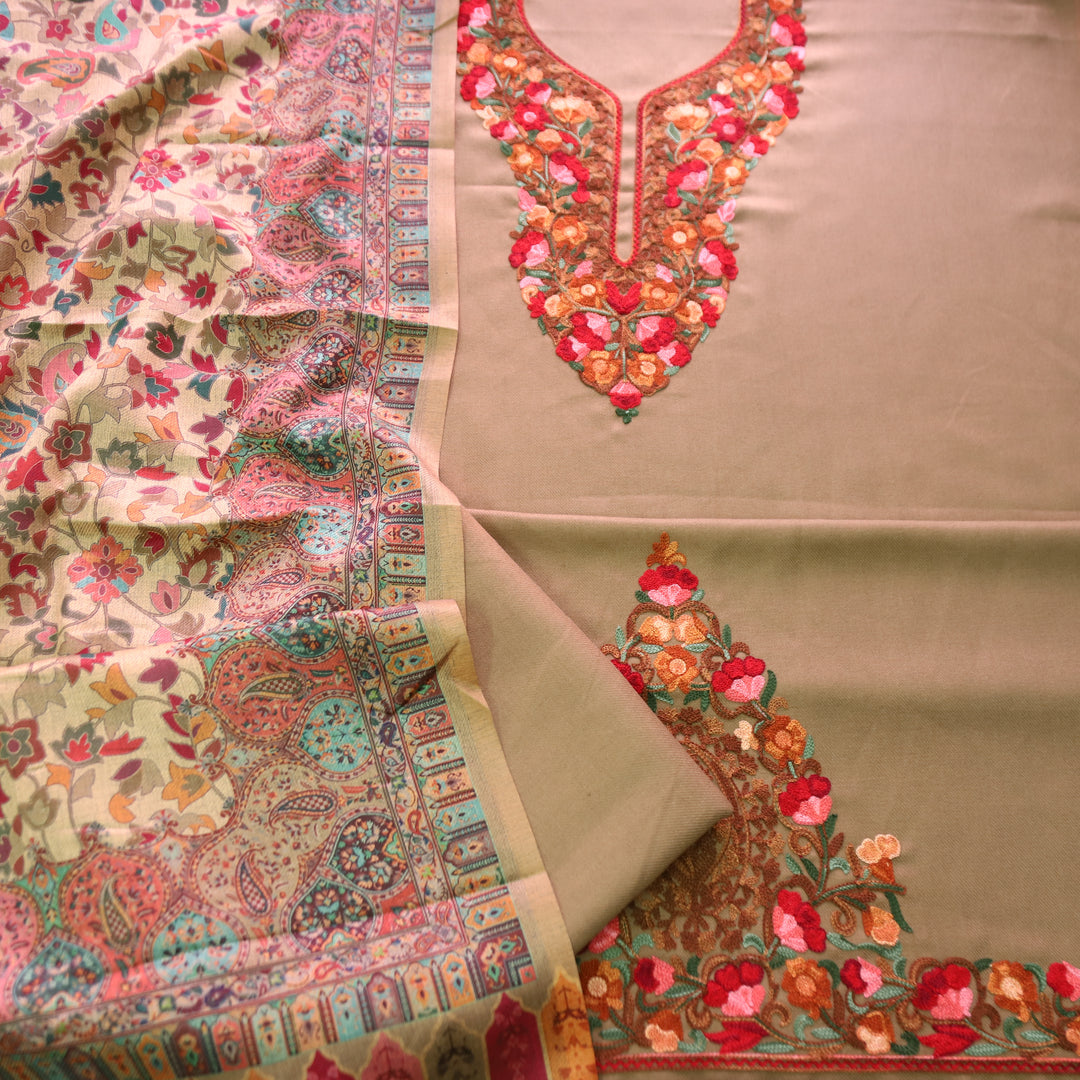 रूपसिद्धि Sand Beige Aari Style Thread Embroidery Work Semi Pashmina Winter Set