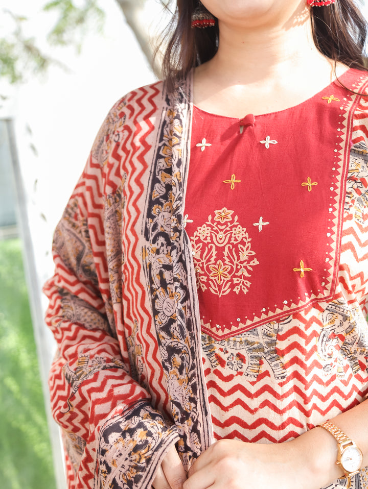 Nancy Berry Red Kalamkari Cotton 3 PIece Set