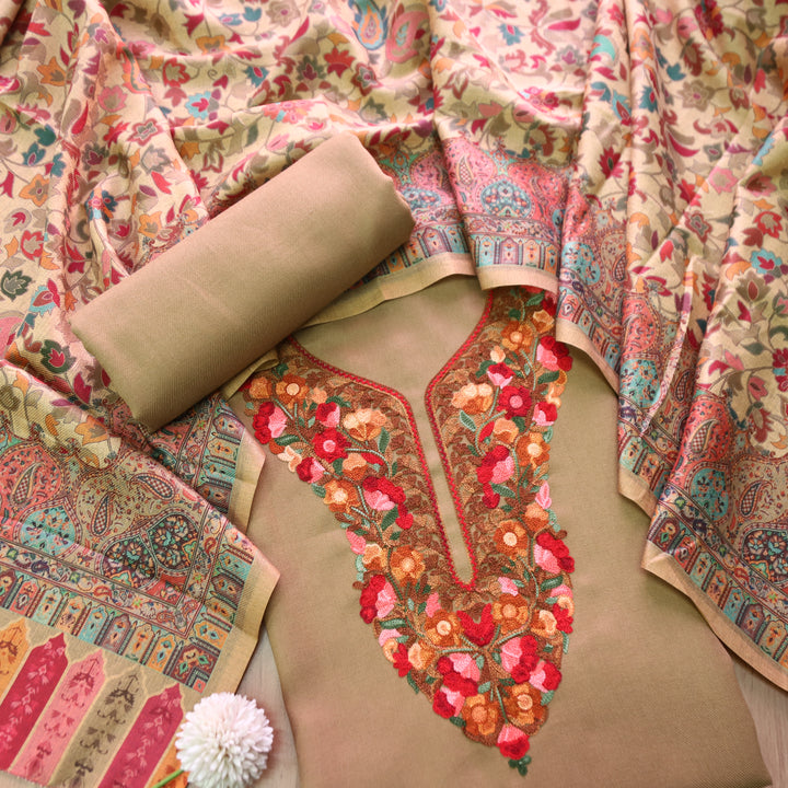 रूपसिद्धि Sand Beige Aari Style Thread Embroidery Work Semi Pashmina Winter Set