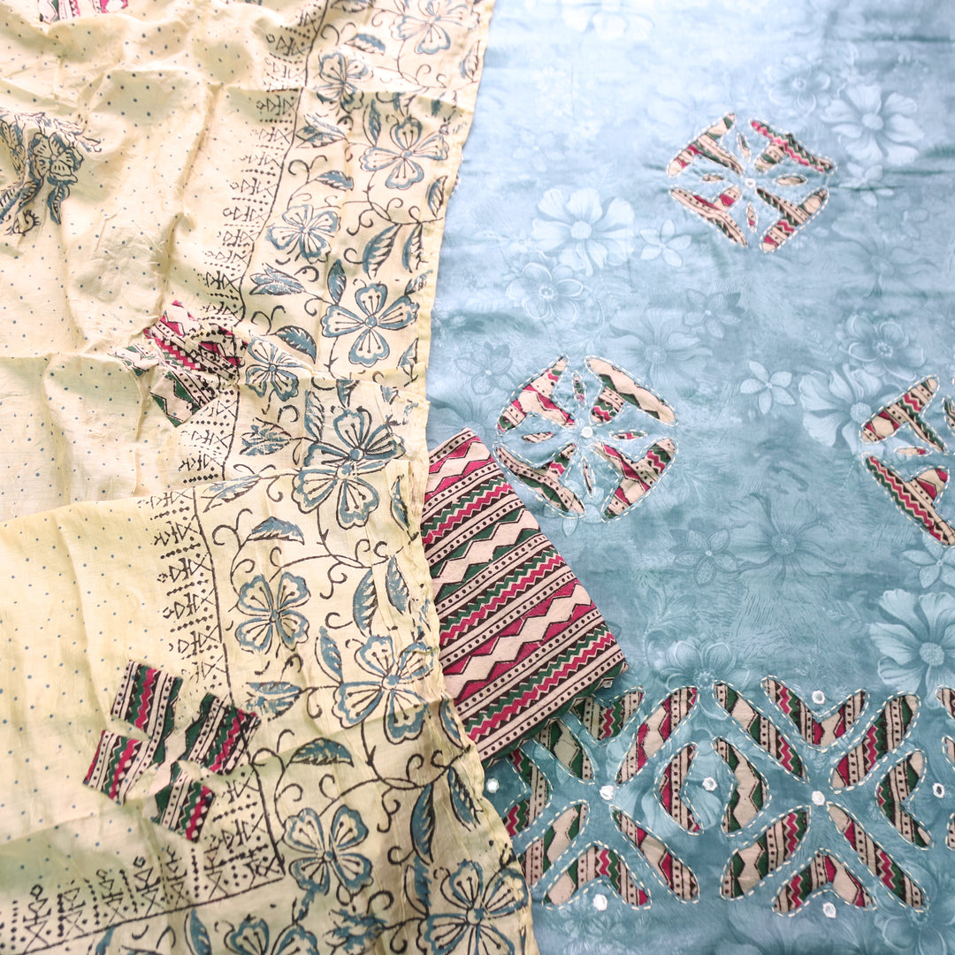 Bulbul Iced Blue Kalamkari Applique Work Jam Satin Cotton Set