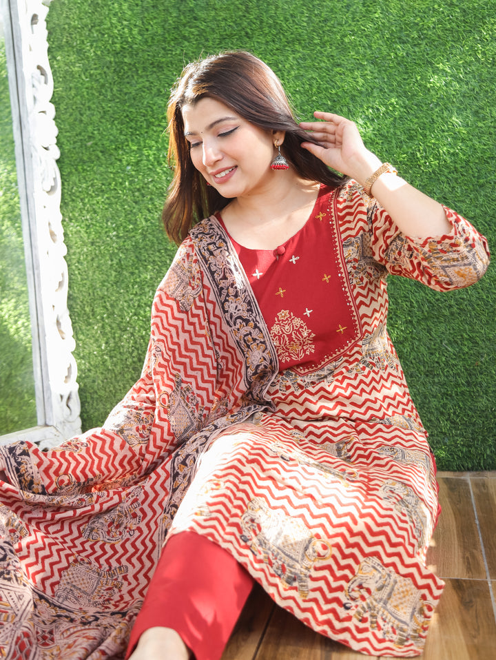 Nancy Berry Red Kalamkari Cotton 3 PIece Set