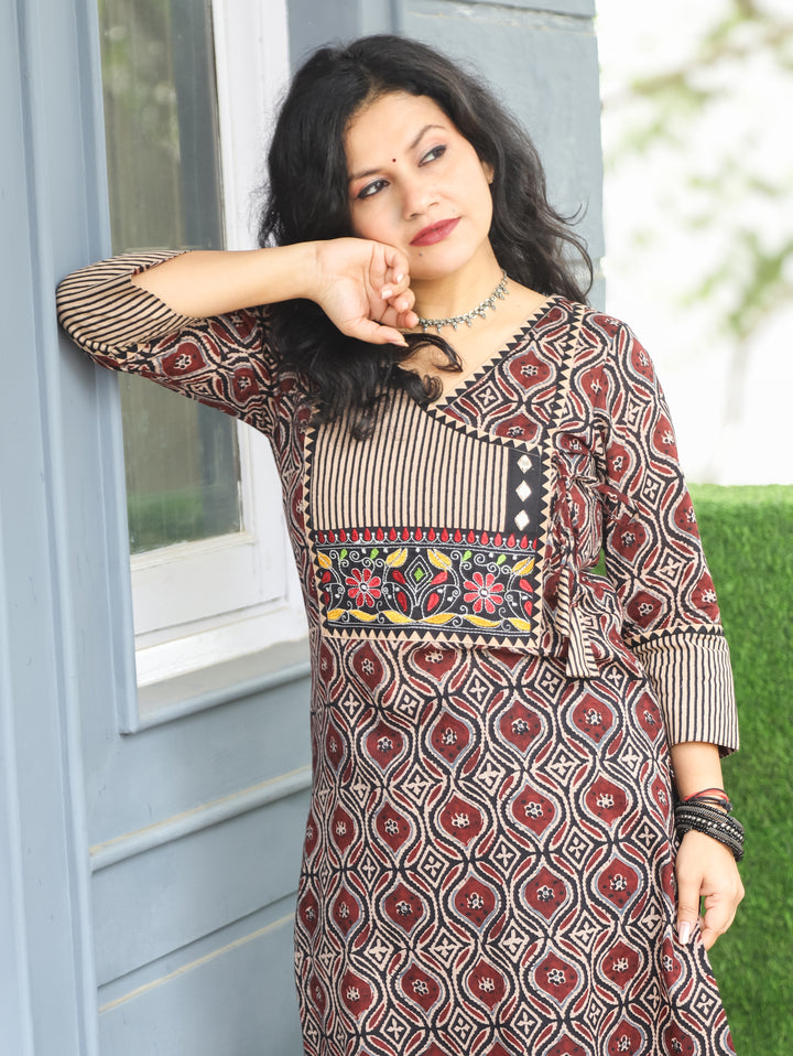Ridhima Maroon Red Embroidery Angrakha Yoke with Knot Ajrak Print Cotton Kurti