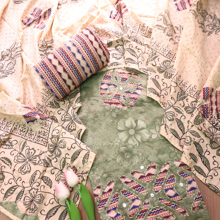 Bulbul Fern Green Kalamkari Applique Work Jam Satin Cotton Set