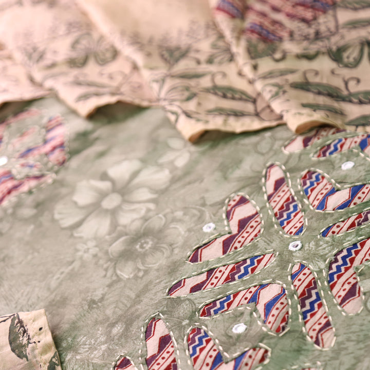 Bulbul Fern Green Kalamkari Applique Work Jam Satin Cotton Set