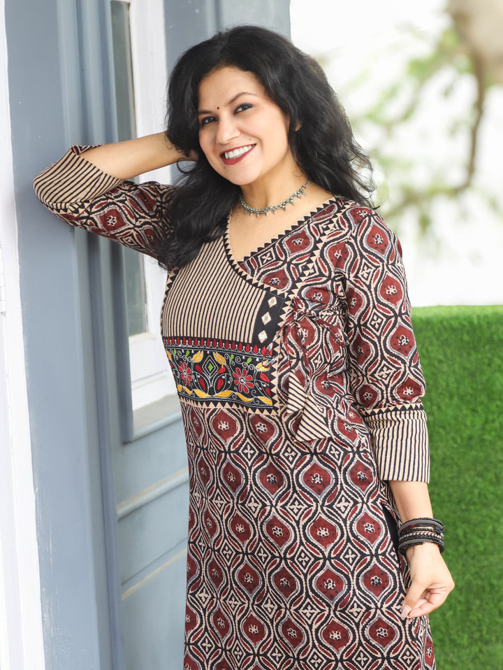 Ridhima Maroon Red Embroidery Angrakha Yoke with Knot Ajrak Print Cotton Kurti