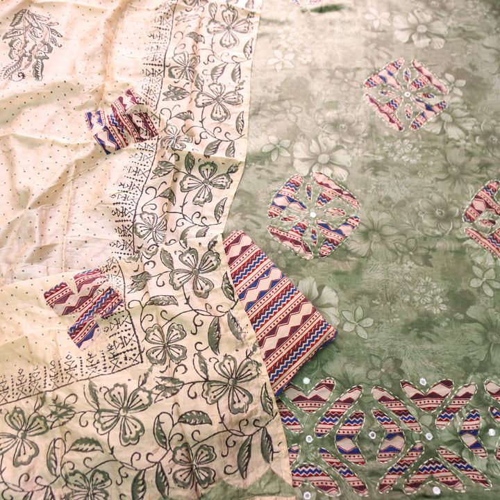 Bulbul Fern Green Kalamkari Applique Work Jam Satin Cotton Set