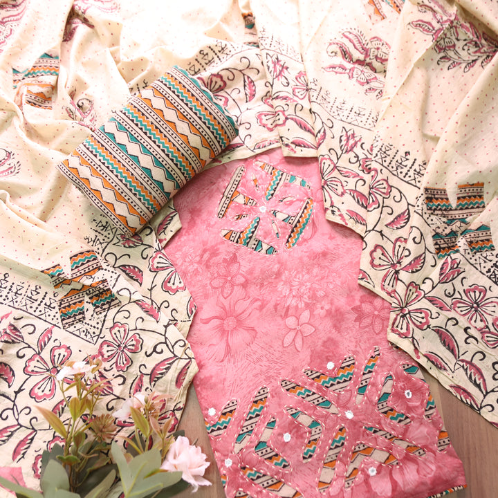 Bulbul Mauve Blush Kalamkari Applique Work Jam Satin Cotton Set