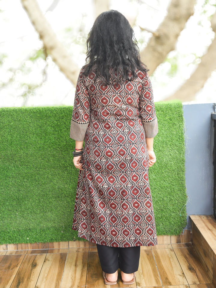 Ridhima Maroon Red Embroidery Angrakha Yoke with Knot Ajrak Print Cotton Kurti