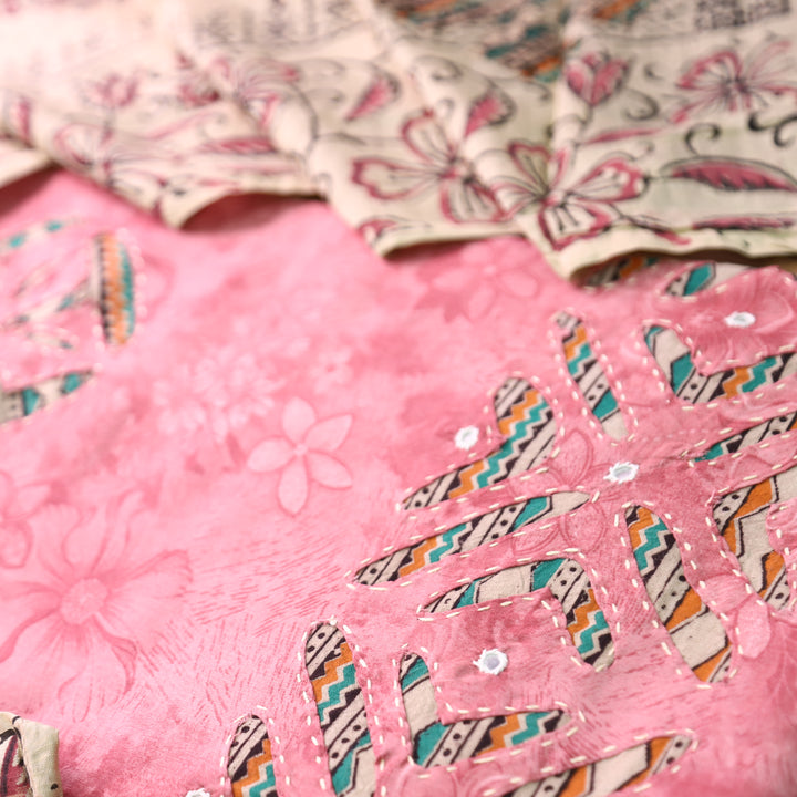 Bulbul Mauve Blush Kalamkari Applique Work Jam Satin Cotton Set