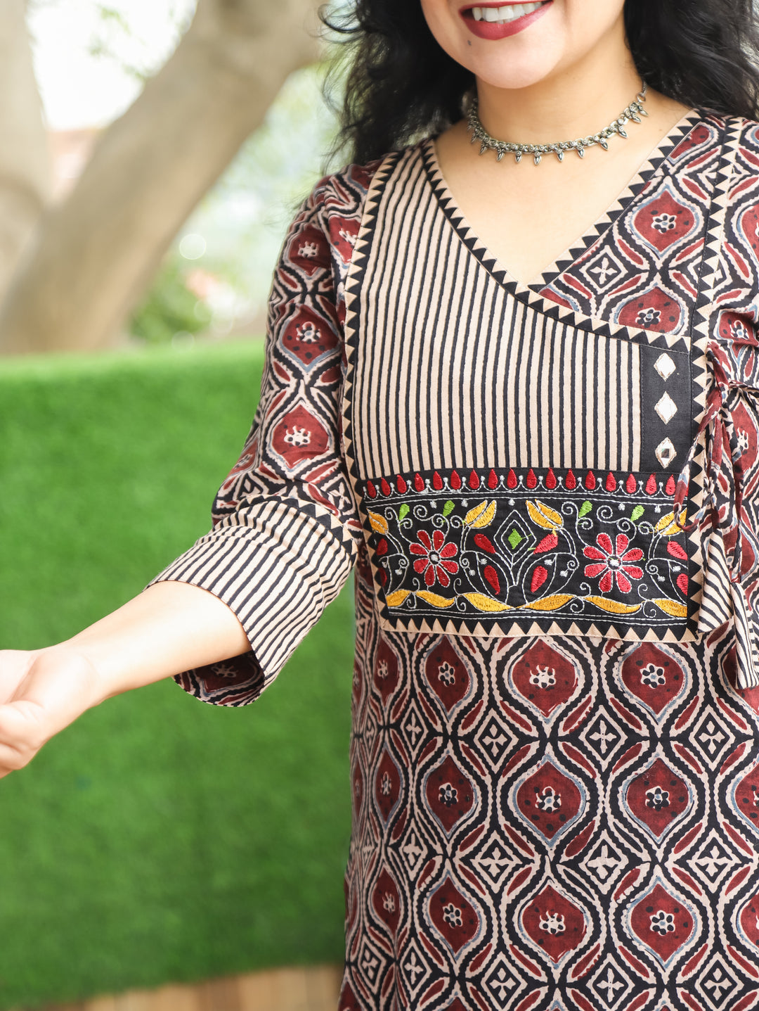 Ridhima Maroon Red Embroidery Angrakha Yoke with Knot Ajrak Print Cotton Kurti